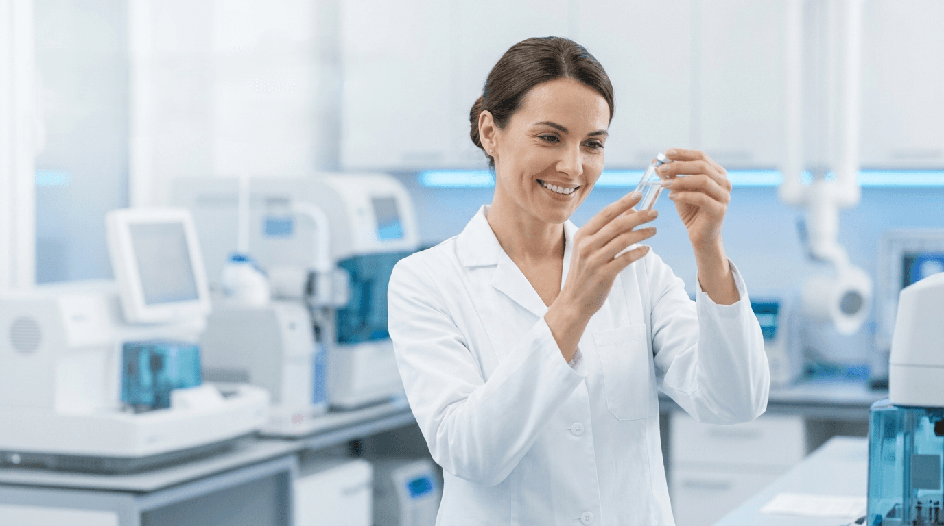 Satopharma scientist inspecting a vial in the quality-control lab