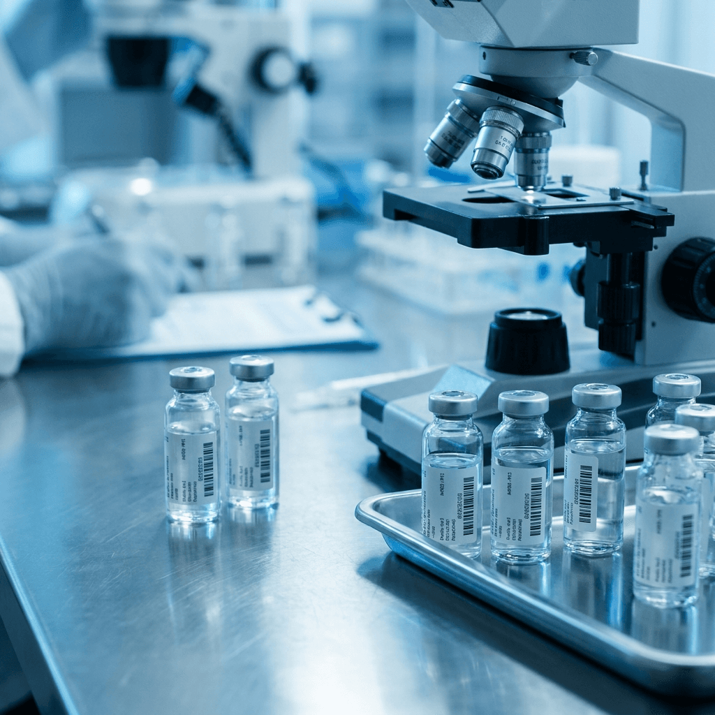 Vials under quality inspection beside a laboratory microscope