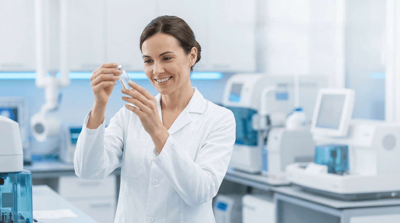 Satopharma scientist inspecting a vial in the quality-control lab