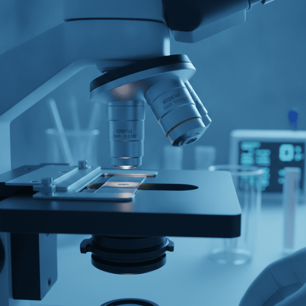 Close-up of a laboratory microscope used for quality control
